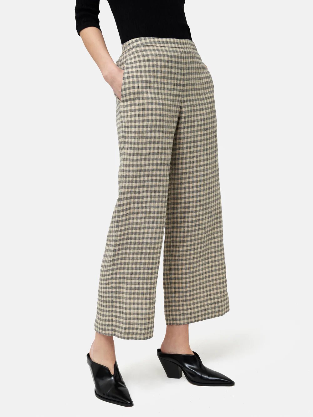 Jigsaw Linen Check Palazzo Trouser in Beige High Waisted Straight Leg Pants